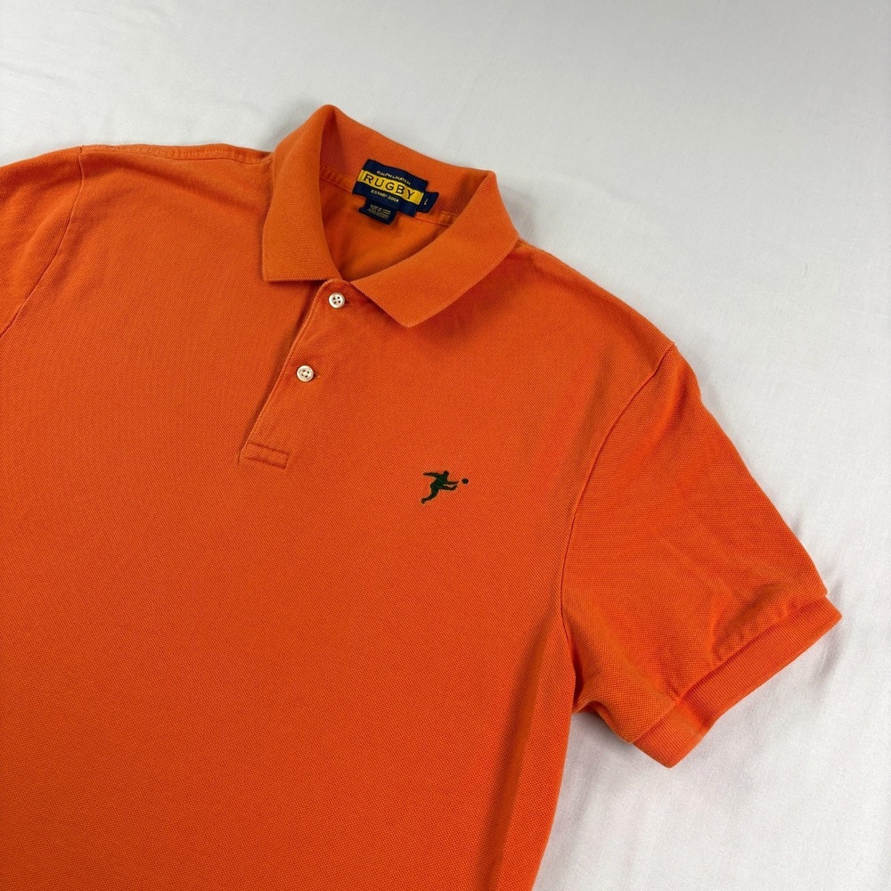 Polo Ralph Lauren Rugby Shirt Mens Large Orange Slim Fit Preppy Vtg Casual Y2K